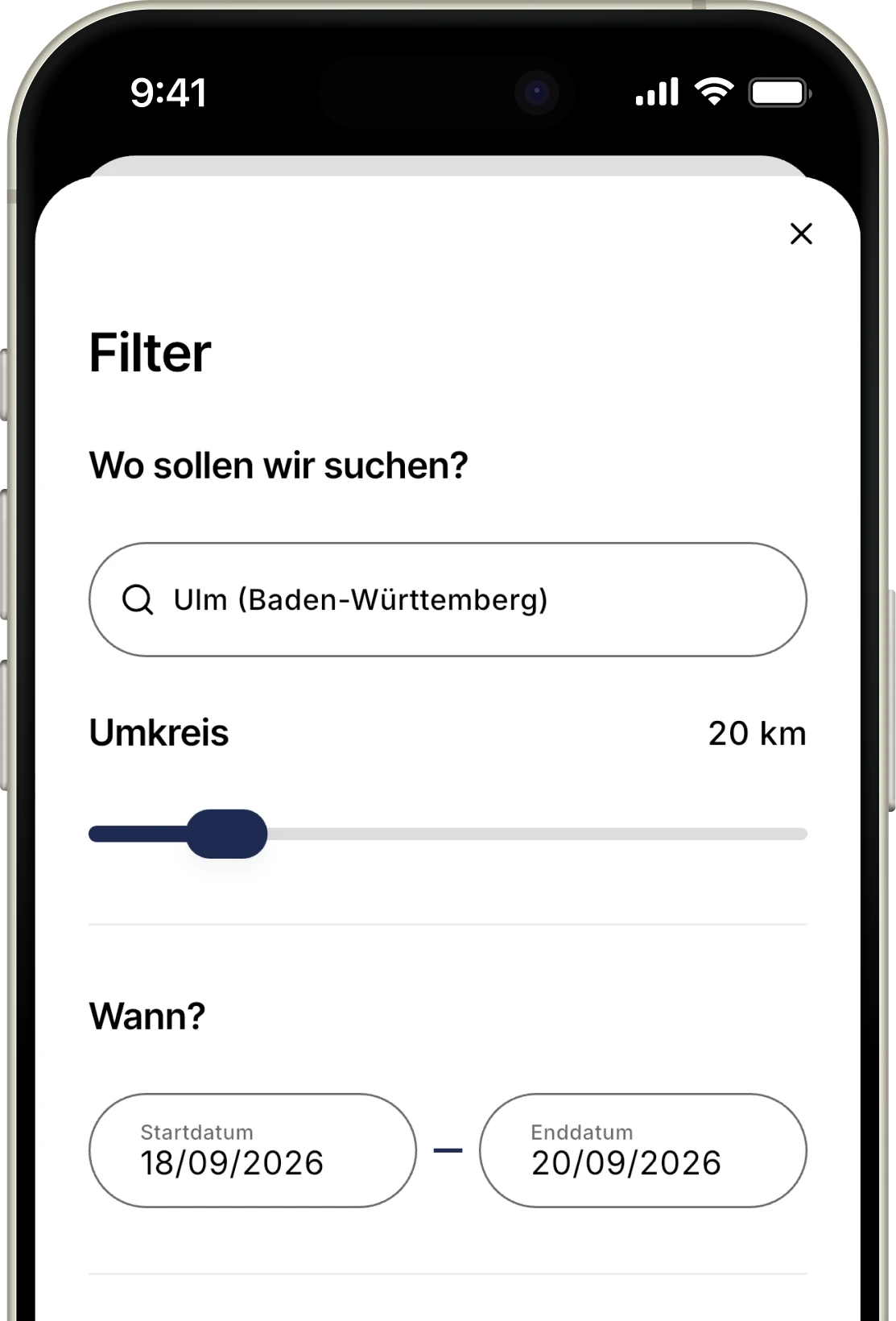 Filter - Ort, Umkreis und Datum auswählen