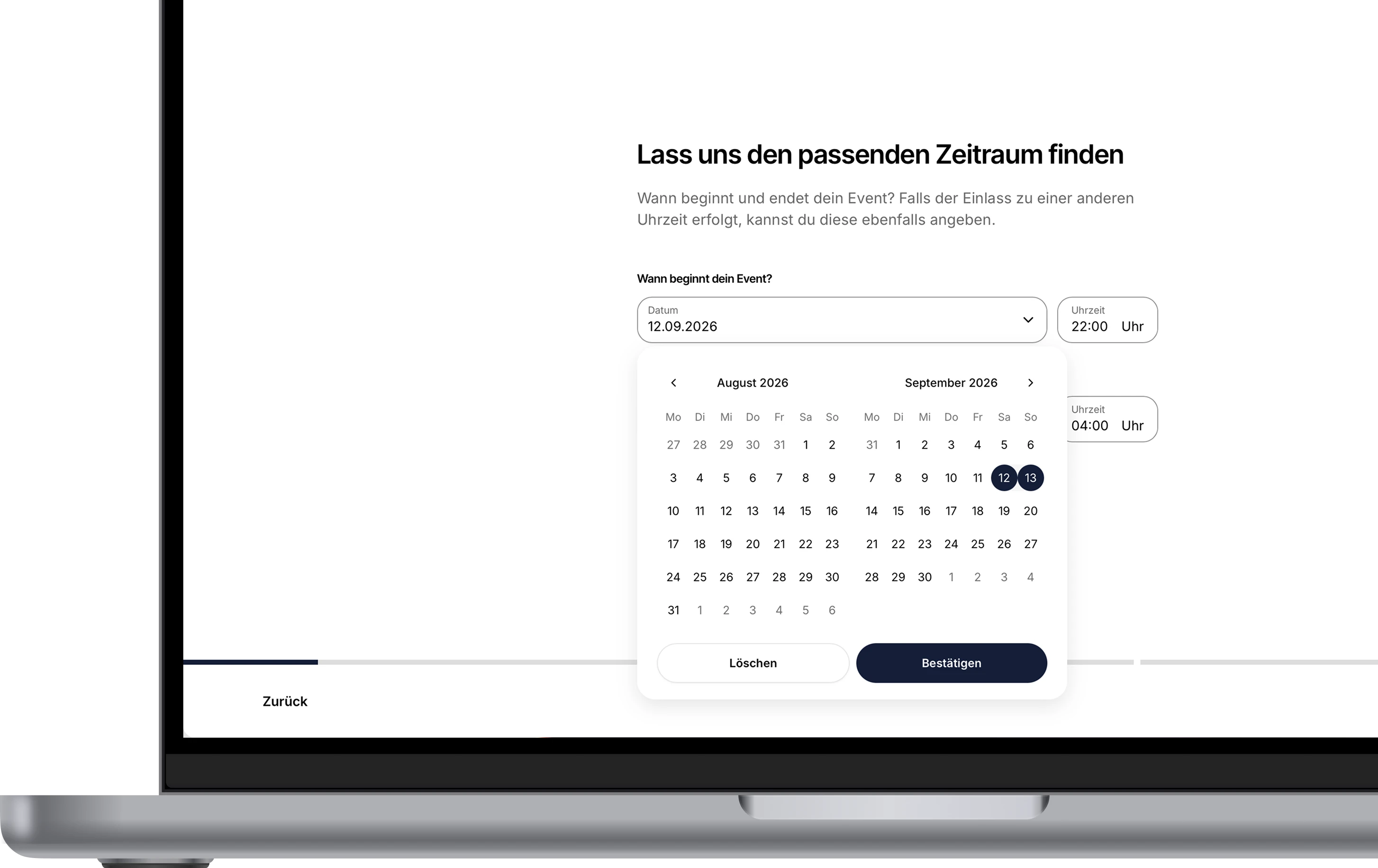 Event-Creator - Datum und Uhrzeit festlegen